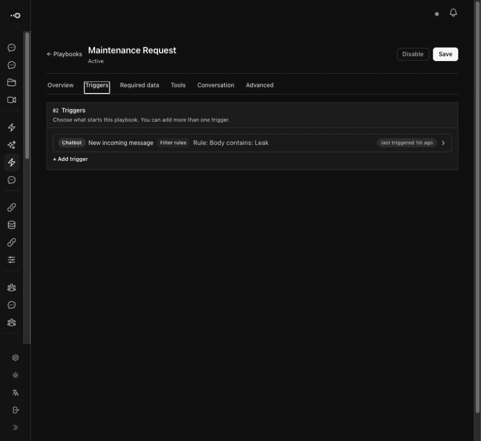 Omnishi Playbook trigger configured for a new maintenance request message