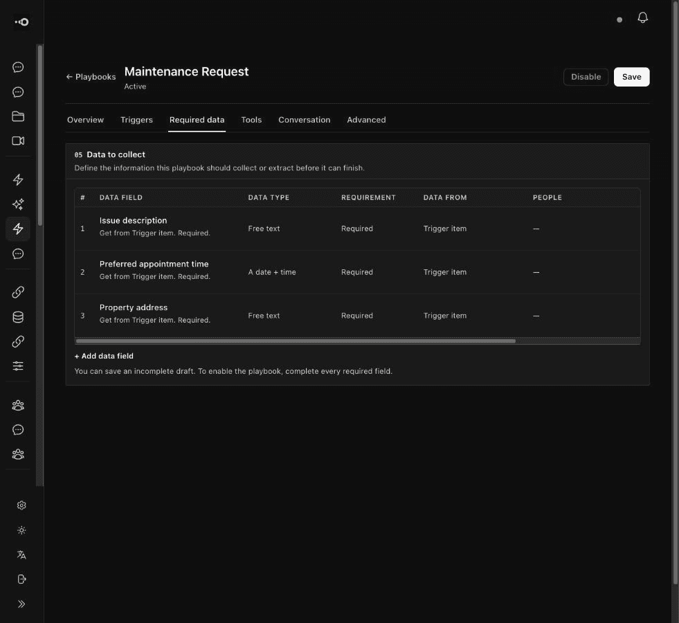 Required operational data fields validated during an Omnishi Playbook run