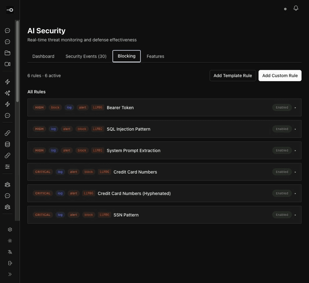 AI Security blocking rules configured in Omnishi