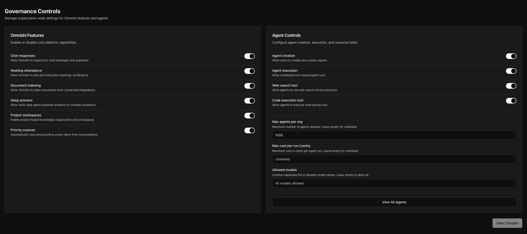 Governance Controls dashboard showing feature toggles and agent limits