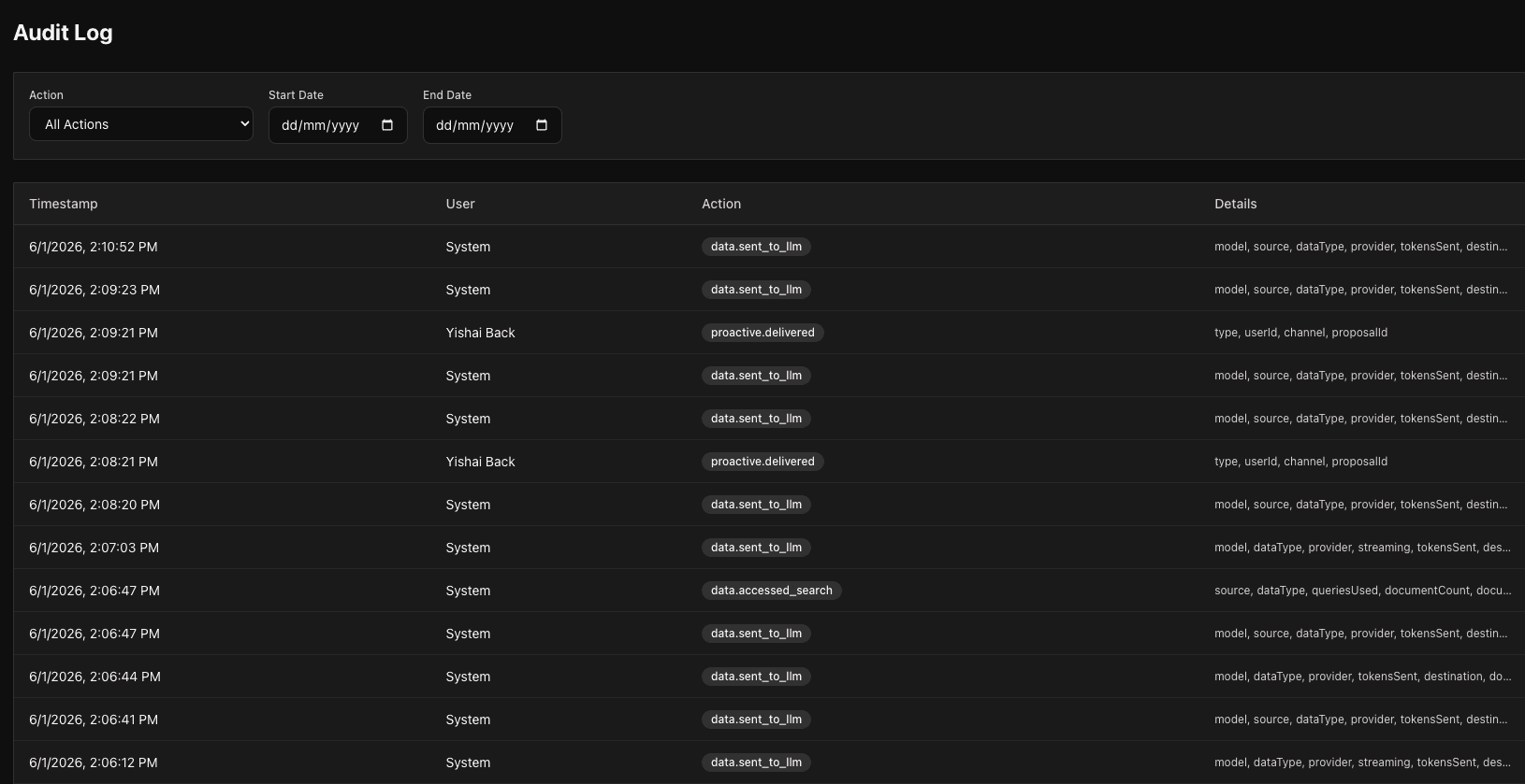 Audit log showing every AI action logged with timestamp, user, and action type